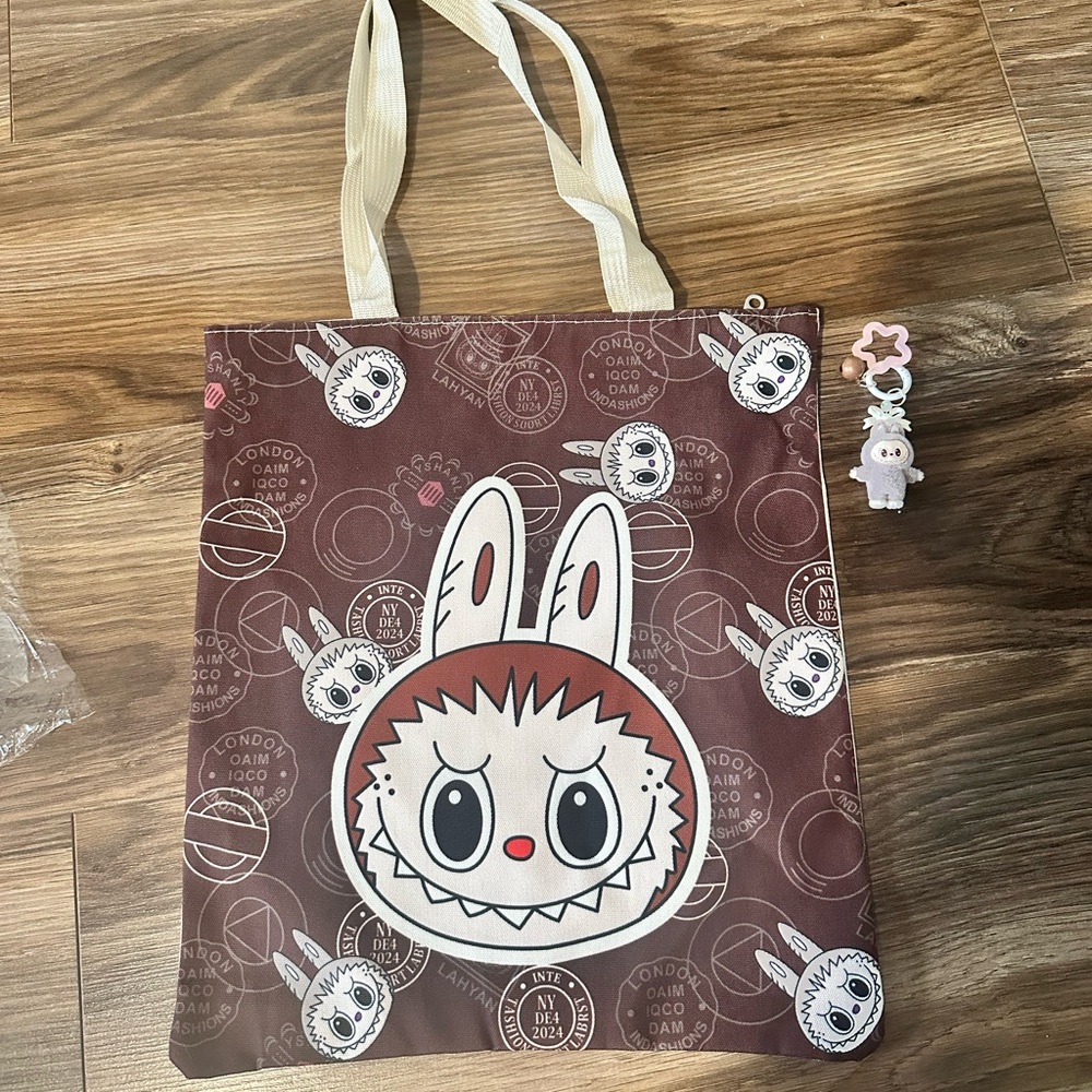 Brown and Cream Tote Bag with Cartoon Design and keychain